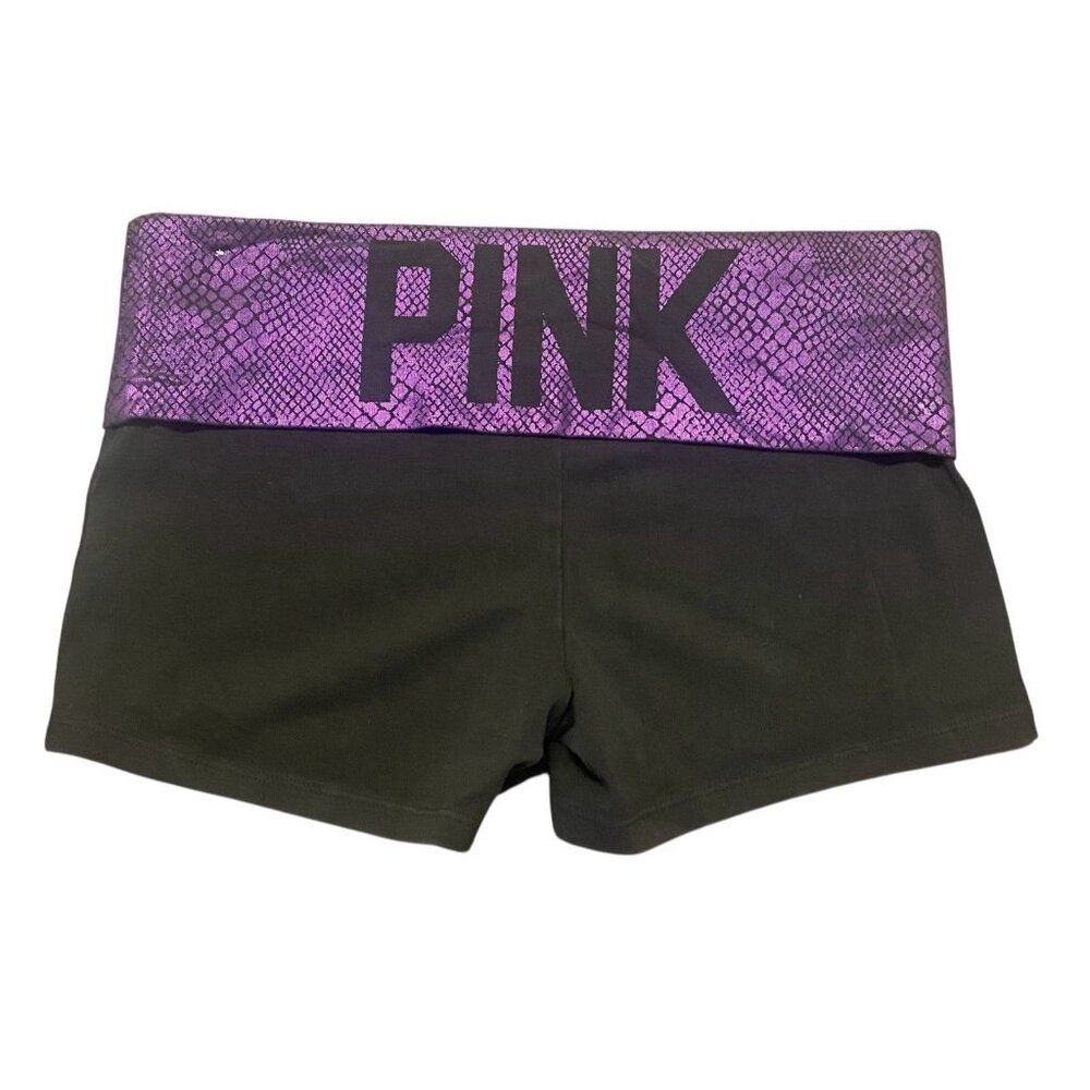 VS PINK Yoga Shorts Foldover Black Purple Snake Animal Print Y2K Vtg Size‎ M